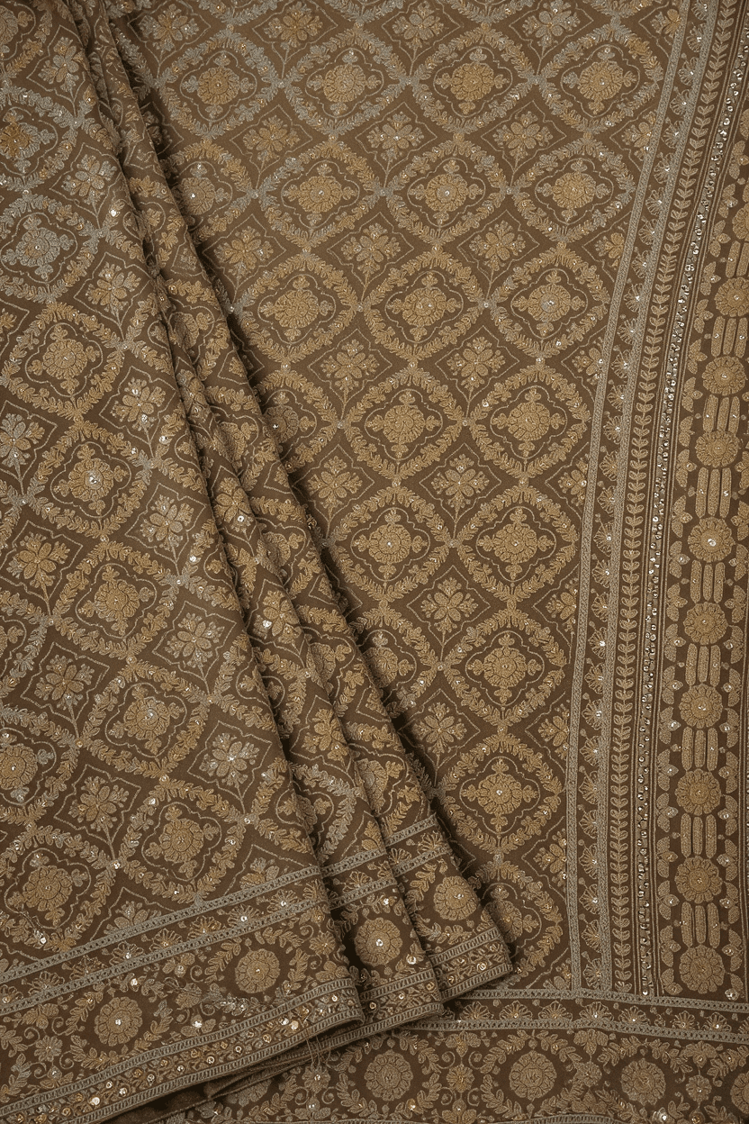 Close view of gold sequin and thread embroidery worked into cloth.